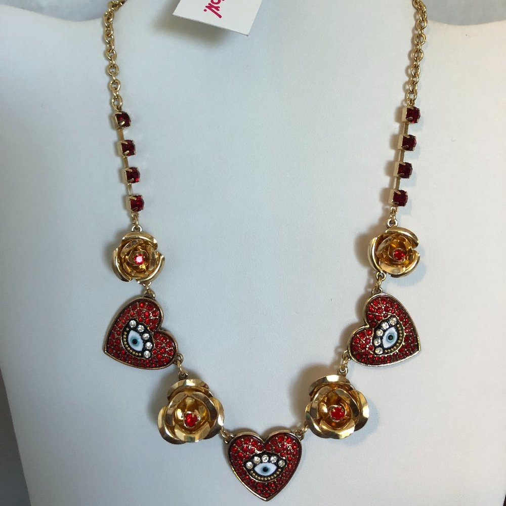 Betsey Johnson Crystal Rose & Red Evil Eye Hearts Necklace